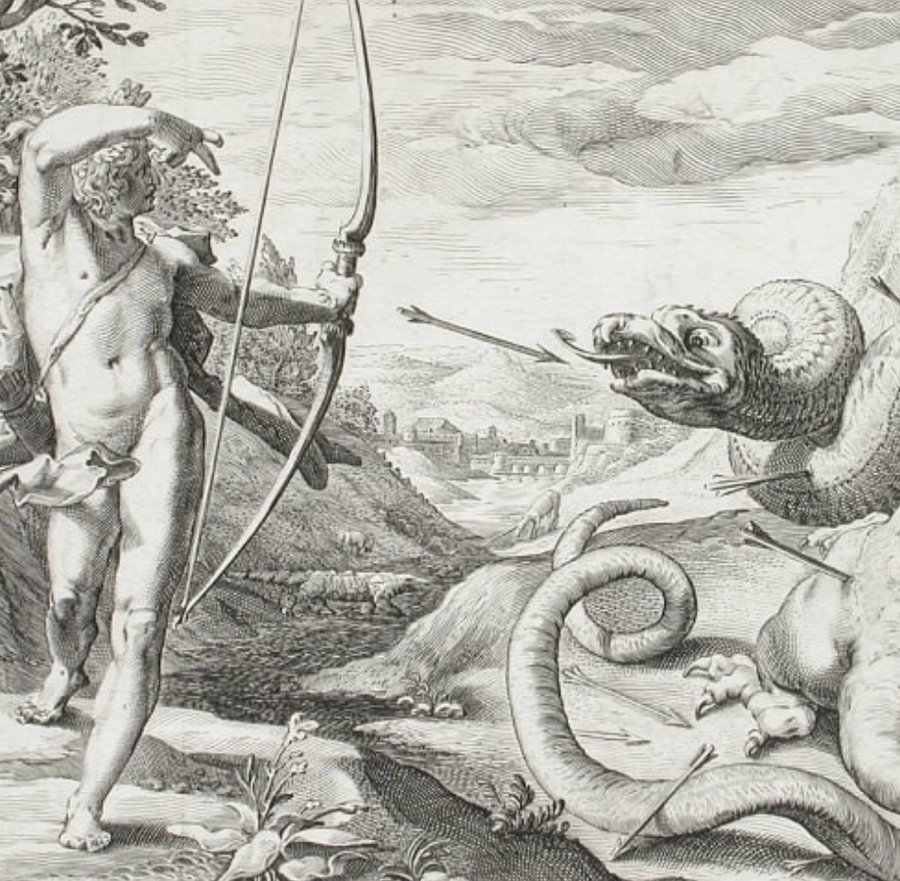 Apollo and Python Classical engraving of Apollo drawing his bow against the serpent Python