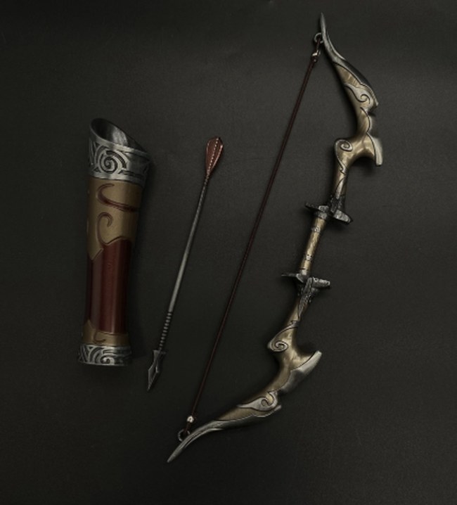 Video Game-Style Bow and Quiver Ornate silver and bronze fantasy bow, quiver and arrow, styled after stealth-focused video game archery gear