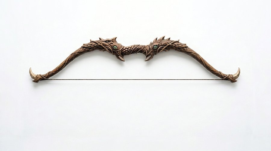 Duskthorn Wyrmlimb fantasy bow concept art, carved dragonbone recurve limbs with dragon-head detailing