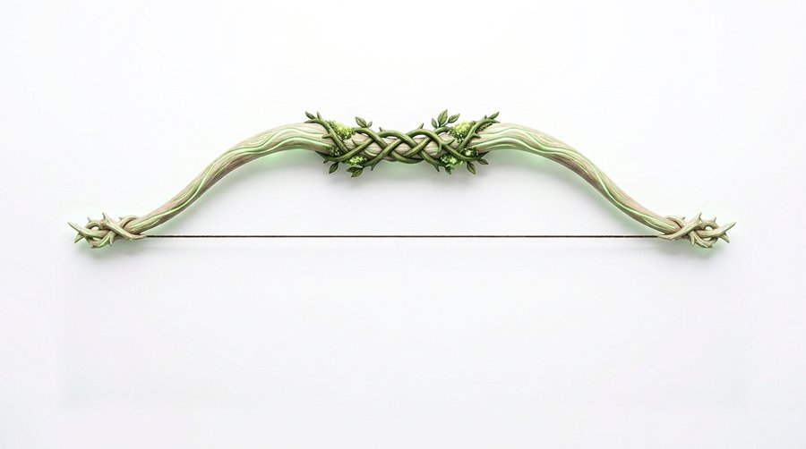 Hallowbriar Verdant Ward fantasy bow concept art, living-wood limbs wrapped in green vines and leaves