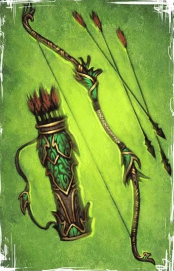 Taulmaril-style fantasy bow concept art, ornate green and gold recurve with a matching quiver and fletched arrows
