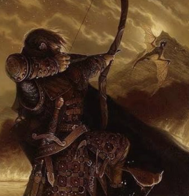 Illustration of an armored archer at full draw with a winged dragon-like creature silhouetted in the sky behind him