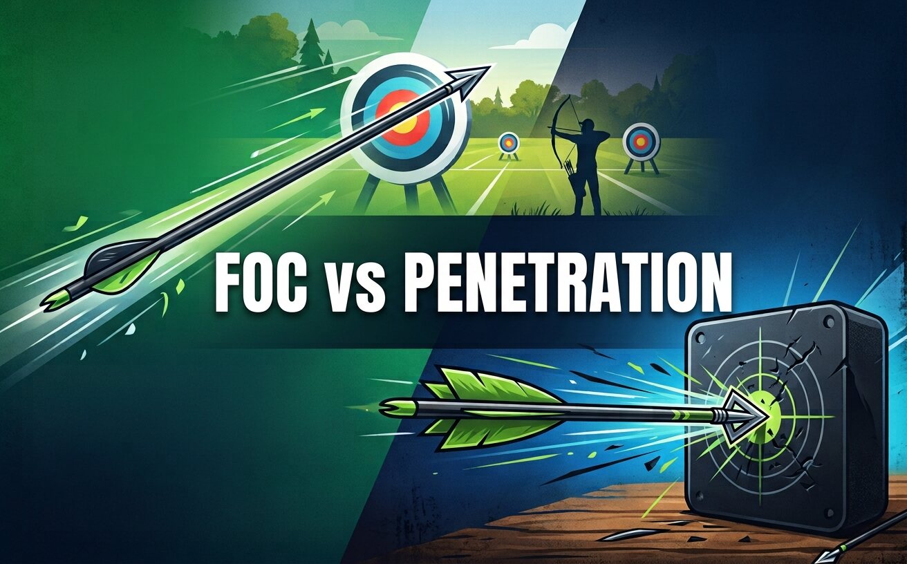 Illustration titled FOC vs Penetration: a fletched arrow streaking toward a range target on one side and a broadhead arrow punching into a cracked target block on the other