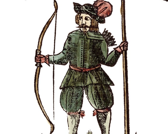 A hand-colored antique woodcut illustration of Robin Hood holding a longbow and a staff