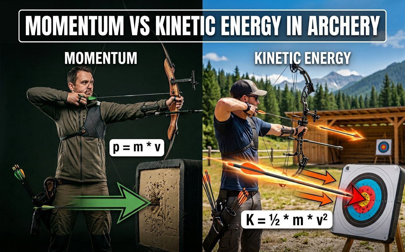 Split illustration titled Momentum vs Kinetic Energy in Archery: p = m &times; v on one half and K = &frac12; &times; m &times; v&sup2; on the other