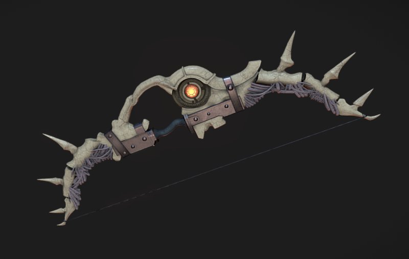 Stylized fantasy bow render with skull and spike ornamentation, an example of how modern games and art push mythological bow silhouettes past anything physically real