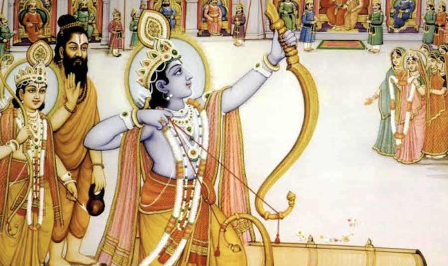 Traditional Indian painting of the Sita Swayamvara, showing Rama drawing the bow Pinaka before an assembled court