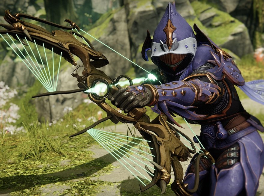 An armored Guardian draws an ornate purple-and-gold exotic combat bow, green light trailing from the string
