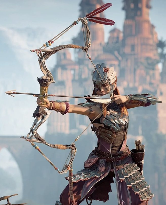 A Nora tribe hunter in patterned leather armor draws a compact bow, ancient ruins visible in the distance