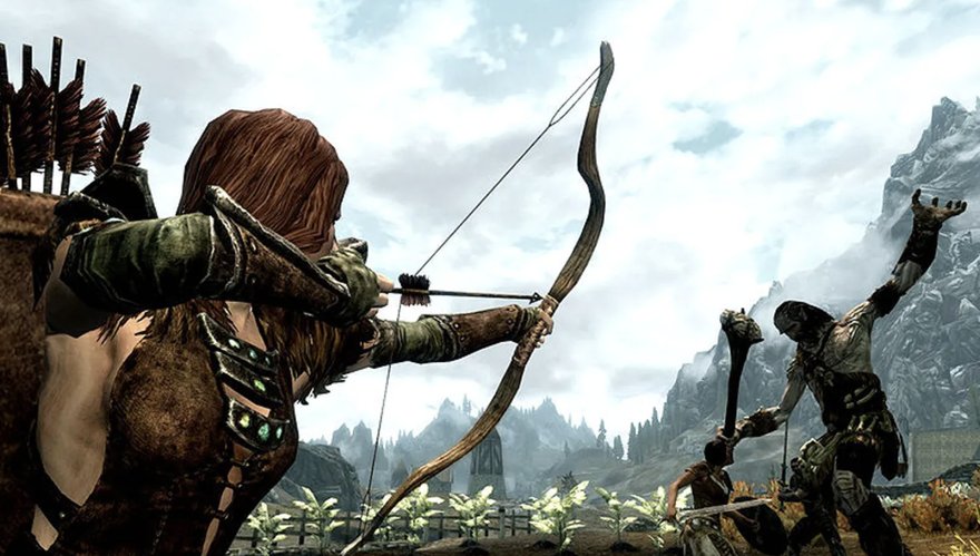 An archer in leather armor draws a wooden hunting bow at full extension while two allies close in with weapons drawn behind her
