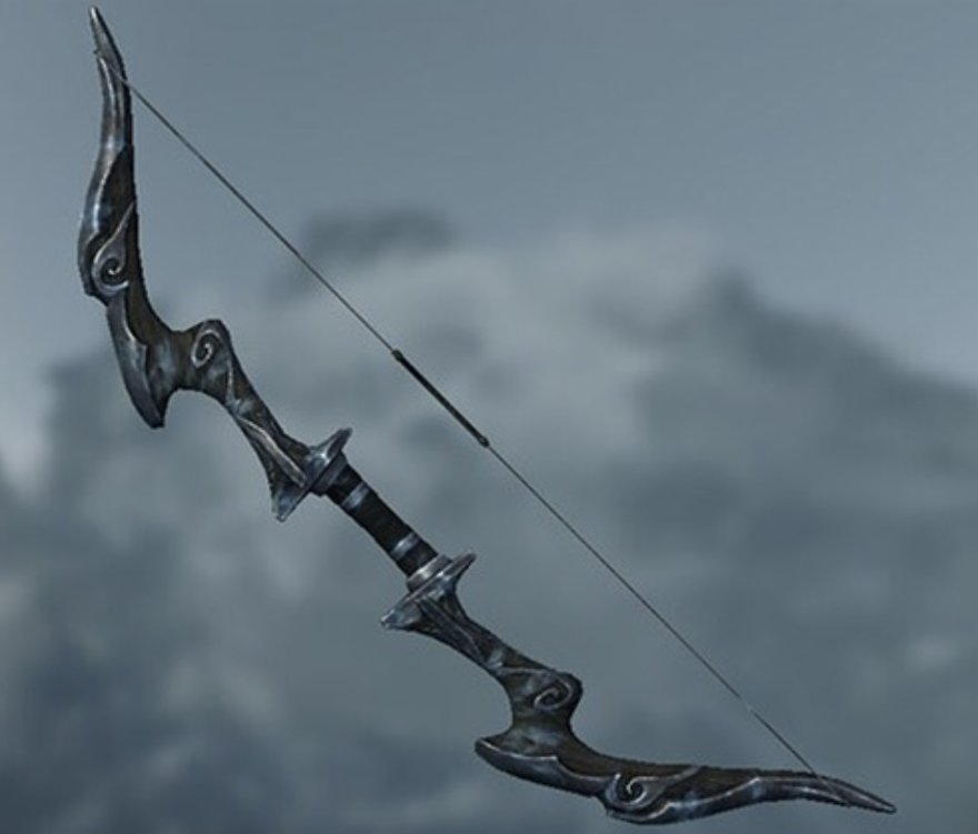 A dark, ornate elven-style hunting bow with silver filigree, rendered against a snowy mountain backdrop