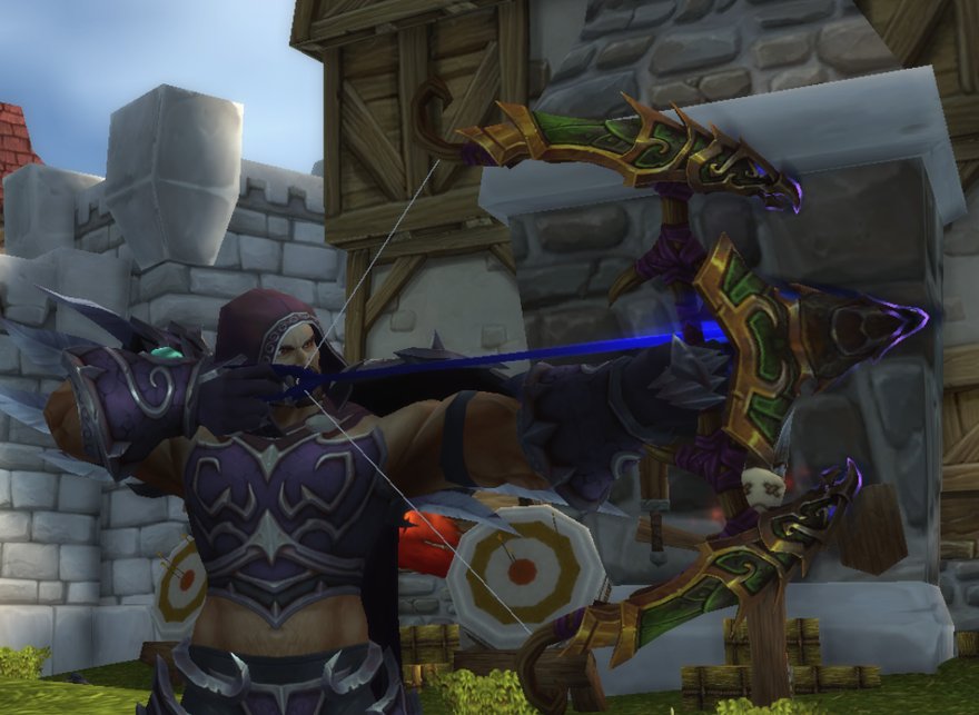 A hooded ranger draws an ornate green-and-gold recurve bow, a glowing blue arrow nocked and ready to fire