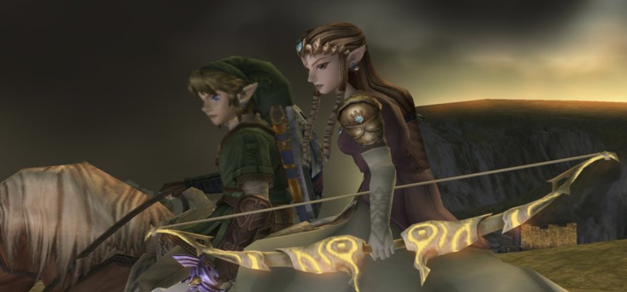 Link and Princess Zelda ride together on horseback, Zelda holding a glowing golden bow