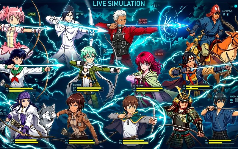 Twelve anime archers drawing their bows in a HUD-style live combat simulation graphic