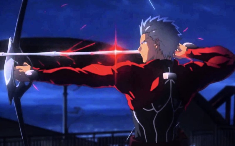 Anime archer at full draw with a glowing red projected blade nocked as an arrow