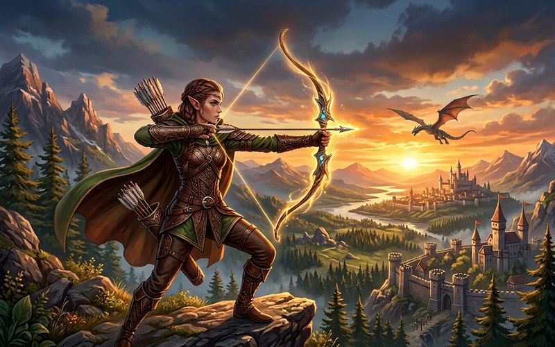 Illustrated elven archer at full draw on a mountain overlook, aiming a glowing bow past a dragon toward a river valley and castle at sunset