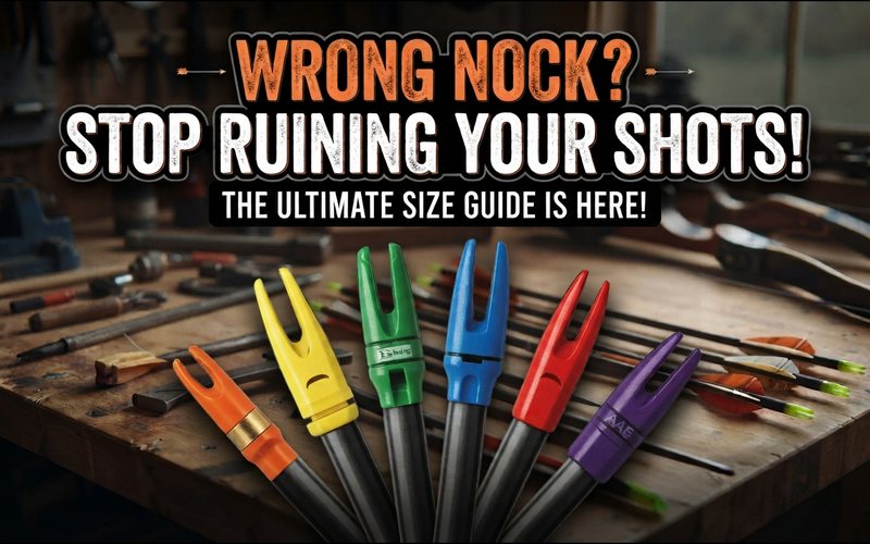 Six arrow nocks in orange, yellow, green, blue, red and purple fitted to black carbon shafts on a wooden workbench