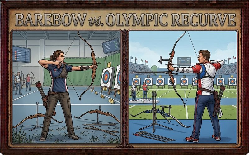 Illustrated barebow archer beside an Olympic recurve archer with sight and stabilizers