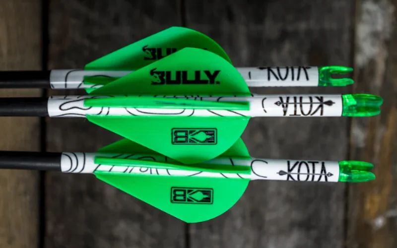 Three arrows fletched with bright green hunting vanes on weathered wood Three arrows fletched with bright green hunting vanes on weathered wood