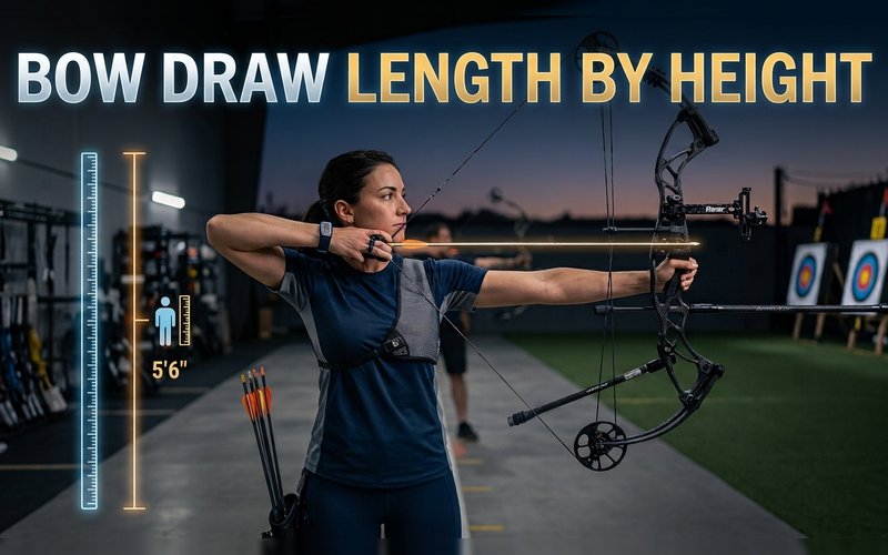 Bow draw length by height Archer at full draw with a compound bow on an indoor range, next to a height ruler marked 5 feet 6 inches, under the title Bow Draw Length by Height