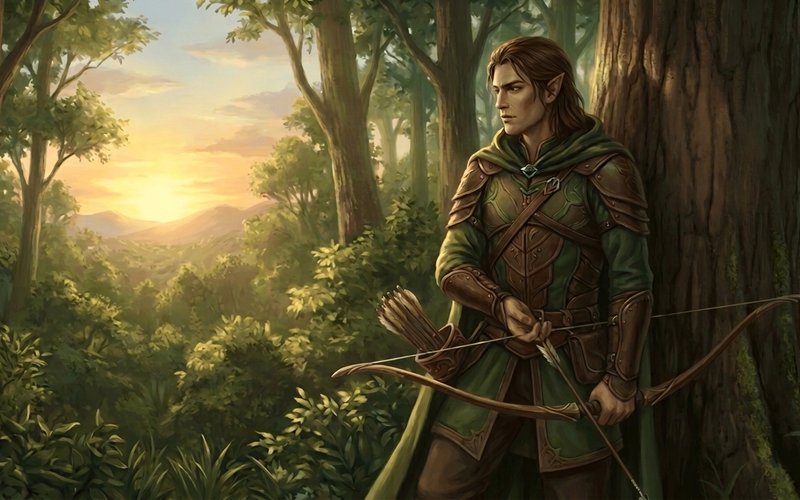 Illustration of an elven archer resting against a tree at sunset, bow and arrows in hand
