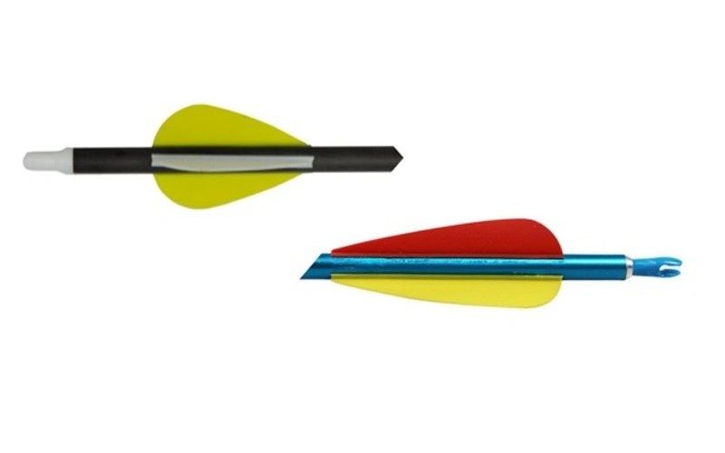 A carbon shaft with a yellow vane above an aluminium shaft with red and yellow vanes