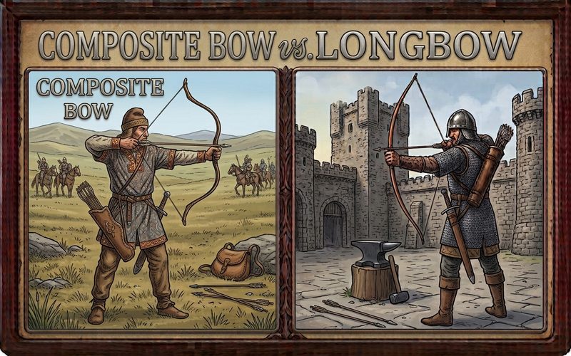 Illustrated steppe archer with a short recurved composite bow beside a chain-mail longbowman in a castle courtyard