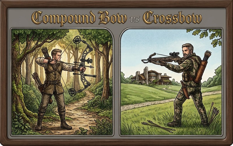 Illustrated hunter aiming a compound bow in the woods beside a hunter aiming a crossbow in an open field