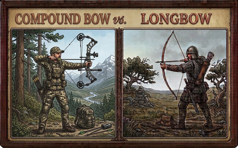 Illustrated side-by-side comparison of a compound bow hunter at full draw in a treestand overlooking mountains and a longbow archer at full draw on a highland moor