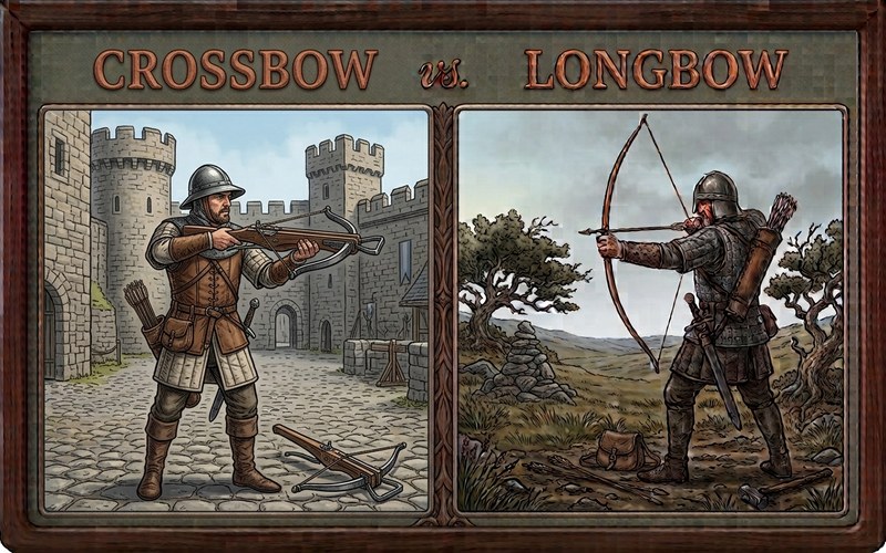 Illustrated side-by-side comparison of an armored crossbowman aiming inside a castle courtyard and a longbow archer at full draw on a highland moor