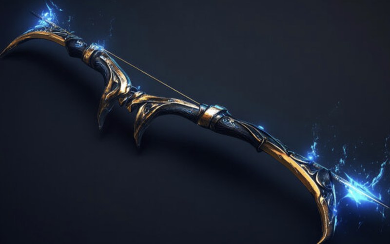 Fantasy bow concept art, blue crystal and gold metal recurve limbs with a glowing void-touched fletching effect