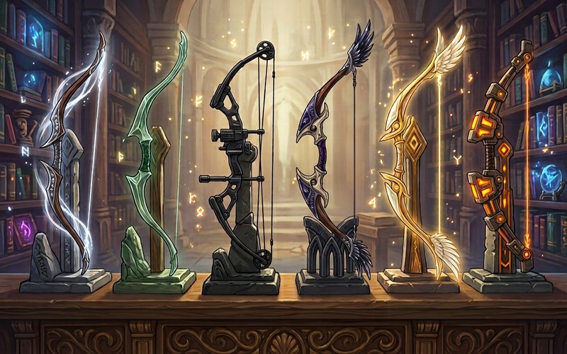 Six ornate fantasy bows displayed on stands in a library, each a different elemental style