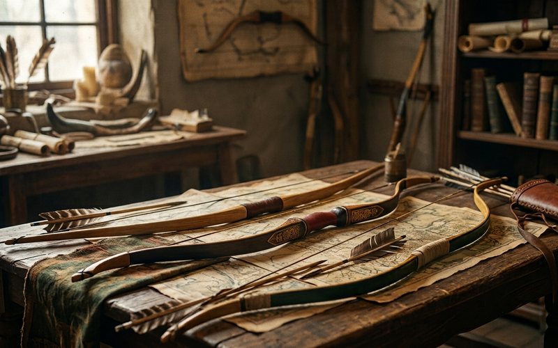 A worn workshop table scattered with a wooden English longbow, an ornate horn-and-sinew Ottoman recurve, fletched arrows and old parchment maps