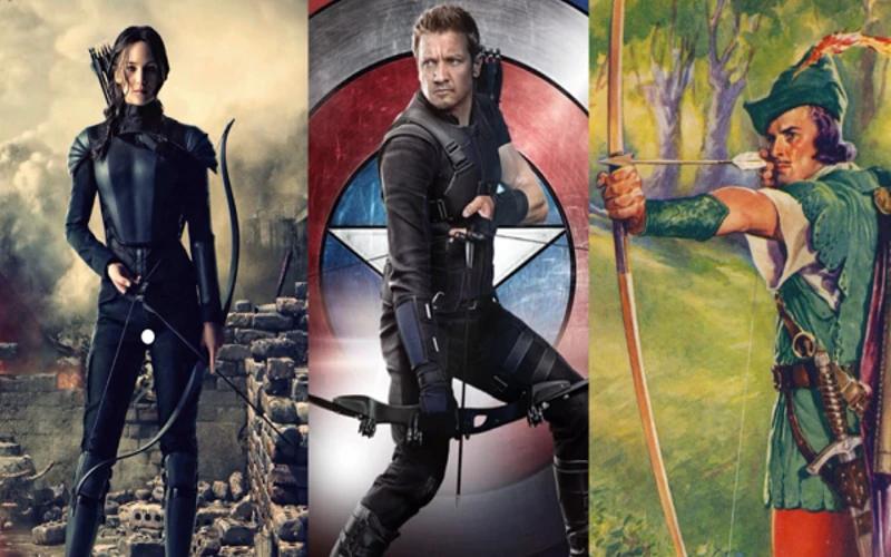 Three famous fictional archers side by side, bows drawn