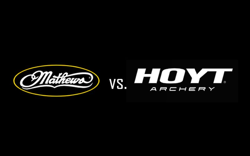 The Mathews and Hoyt Archery logos on black, set against each other