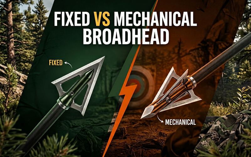 Split comparison illustration of a fixed blade broadhead and a mechanical broadhead, each mounted on an arrow shaft