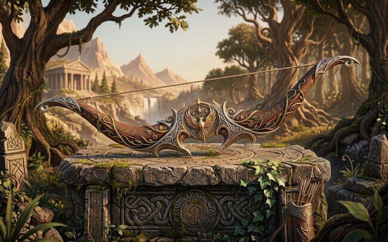 Ornate mythological longbow with phoenix and rune engravings resting on a moss-covered stone altar in a forest