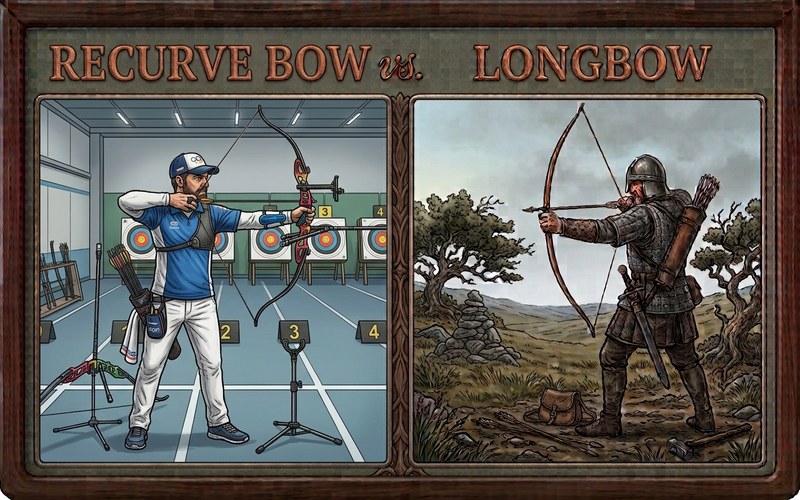 Illustrated side-by-side comparison of a recurve archer at full draw on an indoor target range and a longbow archer at full draw in a highland field