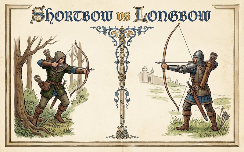 Illustrated shortbow archer in the trees facing a longbow archer near a castle wall