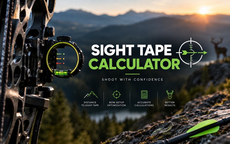 Title card reading Sight Tape Calculator beside a compound bow sight housing with green, yellow and red pins, mountains at sunrise behind