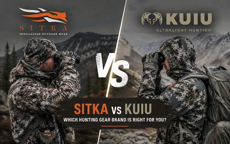 Two hunters glassing in Sitka and Kuiu camo, split down the middle