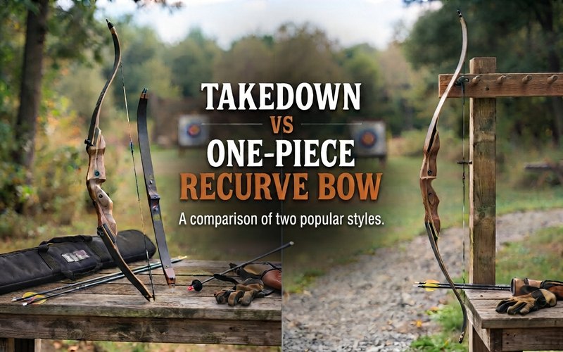 Takedown recurve with its limbs off next to a soft case on a range bench, and a one-piece recurve standing beside a wooden bow rack