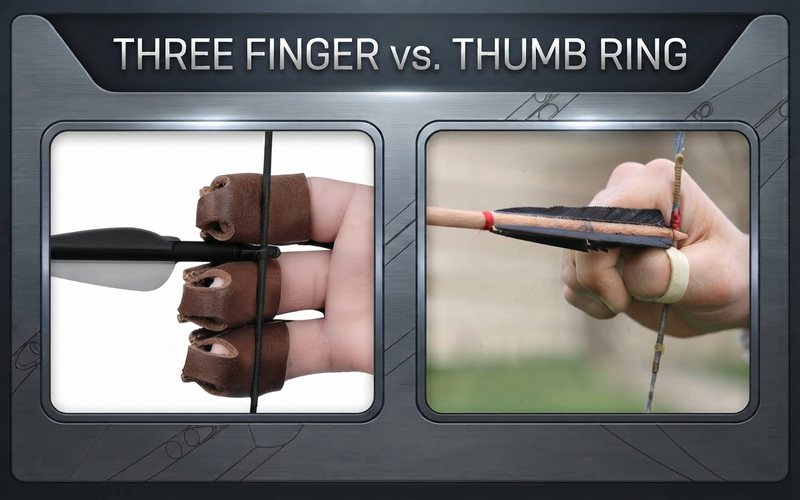 Title card reading Three Finger vs Thumb Ring: on the left three fingers in leather finger tips hook the bowstring, index above the arrow and two below; on the right a thumb with a white thumb ring draws a feather-fletched wooden arrow