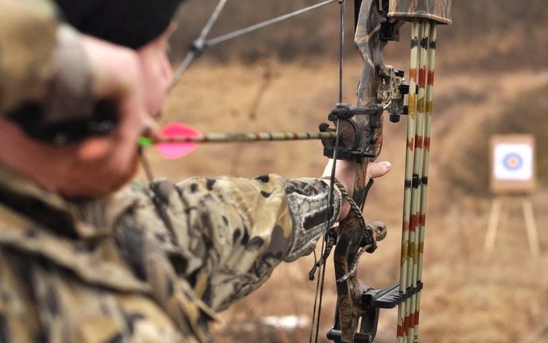 Three arrows grouped in the gold of a target face beside a recurve riser