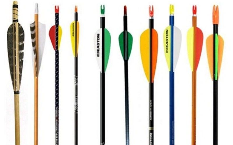 Ten arrows in a row, from wood-and-feather to carbon target and hunting shafts