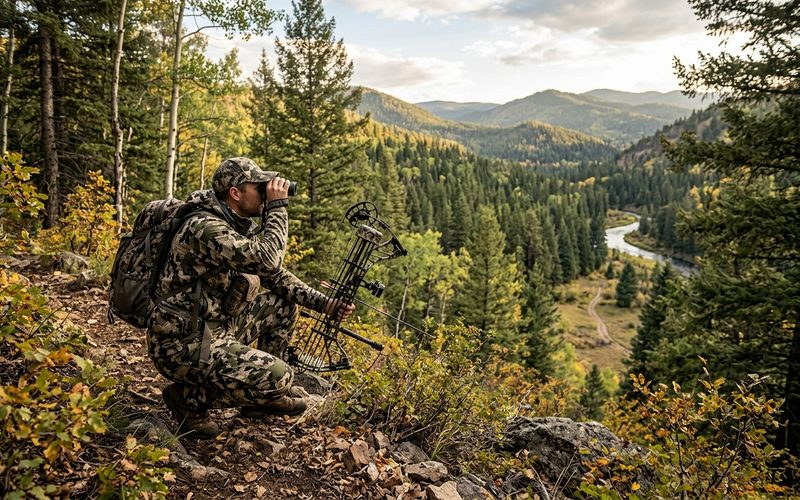 Bowhunter glassing a forested valley from a ridge with binoculars, compound bow in hand