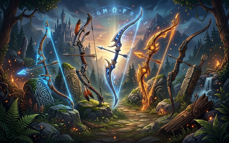 Five glowing fantasy bows in different elemental styles, arranged in a forest clearing in front of a distant castle