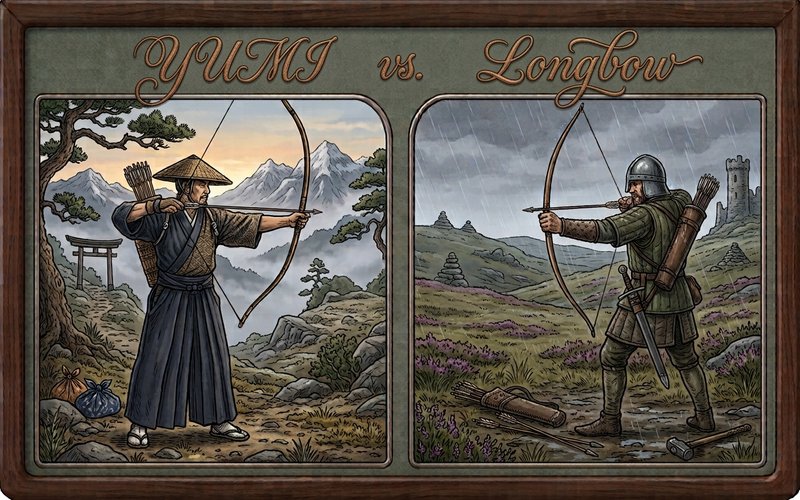 Split-panel illustration: a samurai archer drawing a Yumi beside a torii gate and mountains on the left, an armored English longbowman drawing near castle ruins in the rain on the right